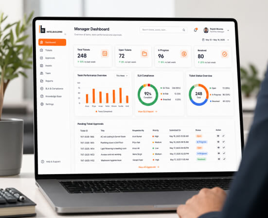 Manager dashboard open on a laptop, showing team performance and ticket approvals