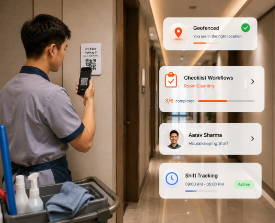 Technician scanning a QR code checkpoint in a hallway